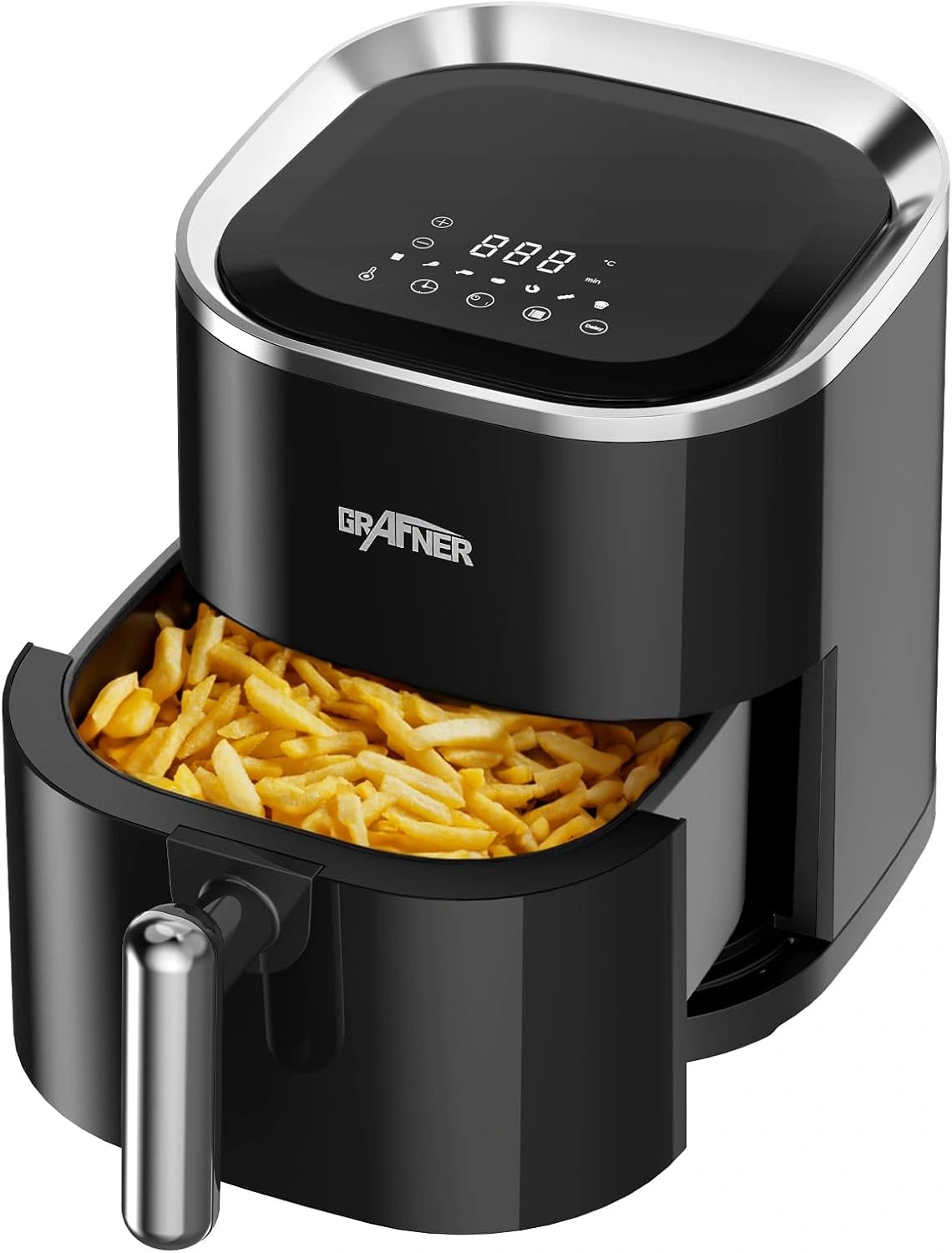 Grafner XL Digitale heteluchtfriteuse, 3,6 liter, 1200 watt, led-aanraakscherm, 7 programma's, 360° gaarsysteem, timer, anti-aanbaklaag