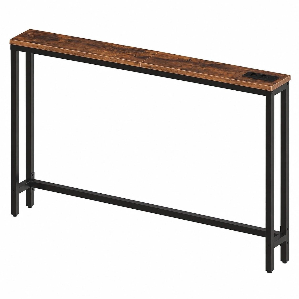 HOOBRO Langer Konsolentisch mit Ladestation, Metallrahmen, Vintagebraun-Schwarz, für Wohnzimmer und Flur