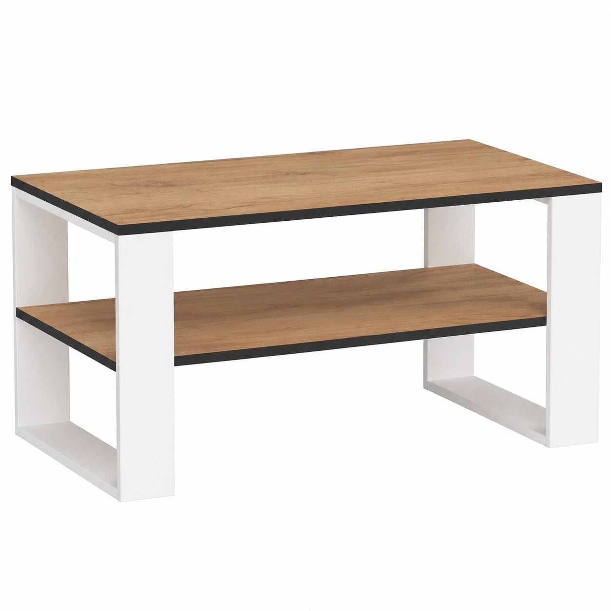 Moderner Couchtisch Holz Alex mit Regal, 92x45x53cm, für Wohn- und Schlafzimmer, Eiche Craft & Weiß