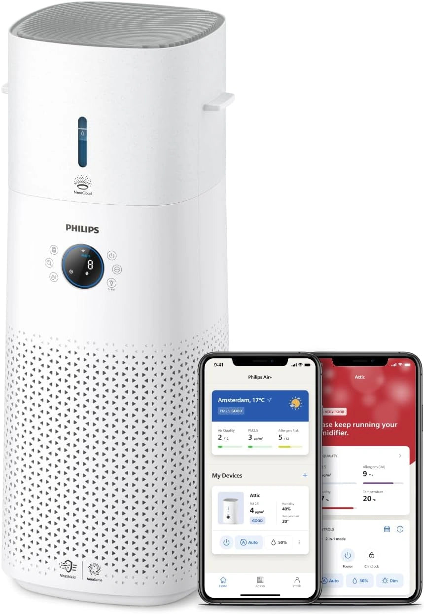 Philips 2-in-1 Luchtreiniger & Bevochtiger 3000-3-laags HEPA filtratie, zilver