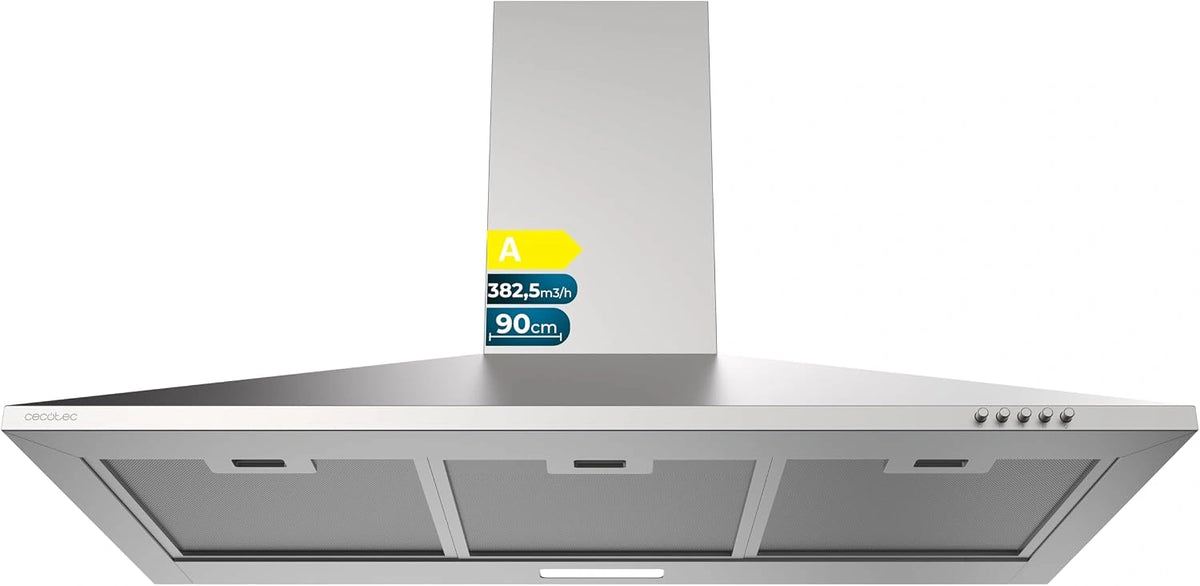 Cecotec Bolero Flux PM 904000 Piramideafzuigkap, 90 cm, roestvrij staal A. Zuigvermogen 382,5 m³/h, 3 snelheden, koolstoffilter inbegrepen