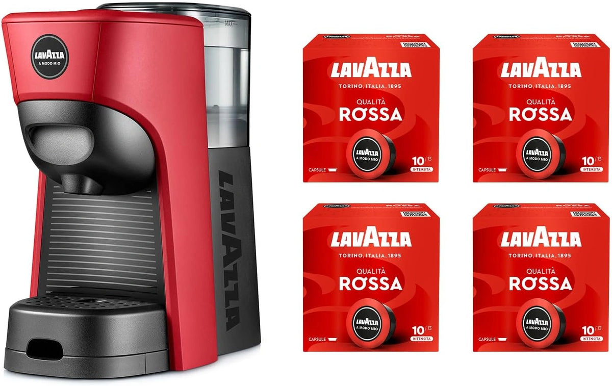 Lavazza, A Modo Mio Tiny Rode koffiezetapparaat met 64 capsules, espressomachine van gerecycled kunststof, 1450 W, 220-240 V, 50/60 Hz, 0,6 liter