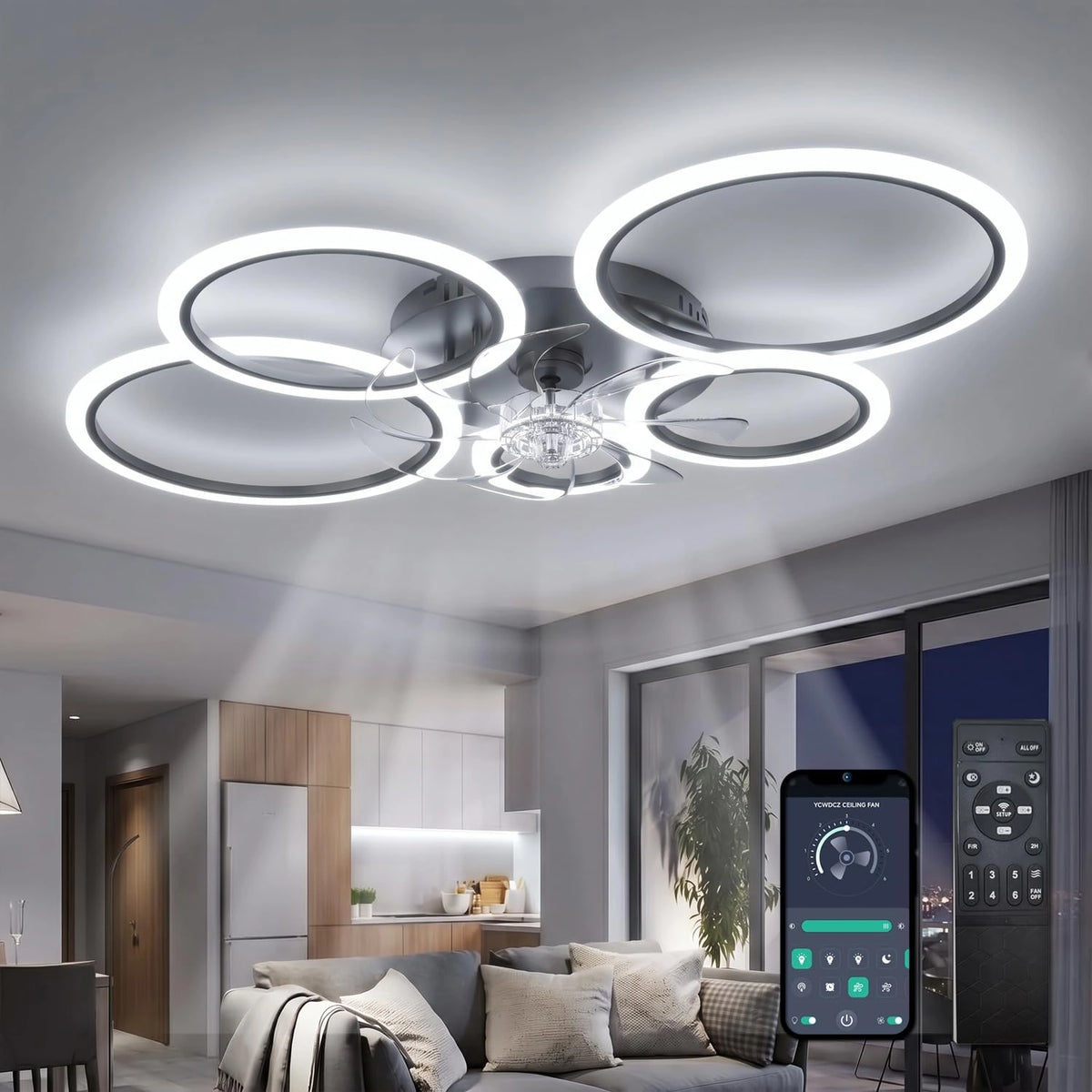 Led-plafondventilator, ring met stille licht, dimbaar, 6 snelheden, DC-motor, zomer-/wintermodus, zwart