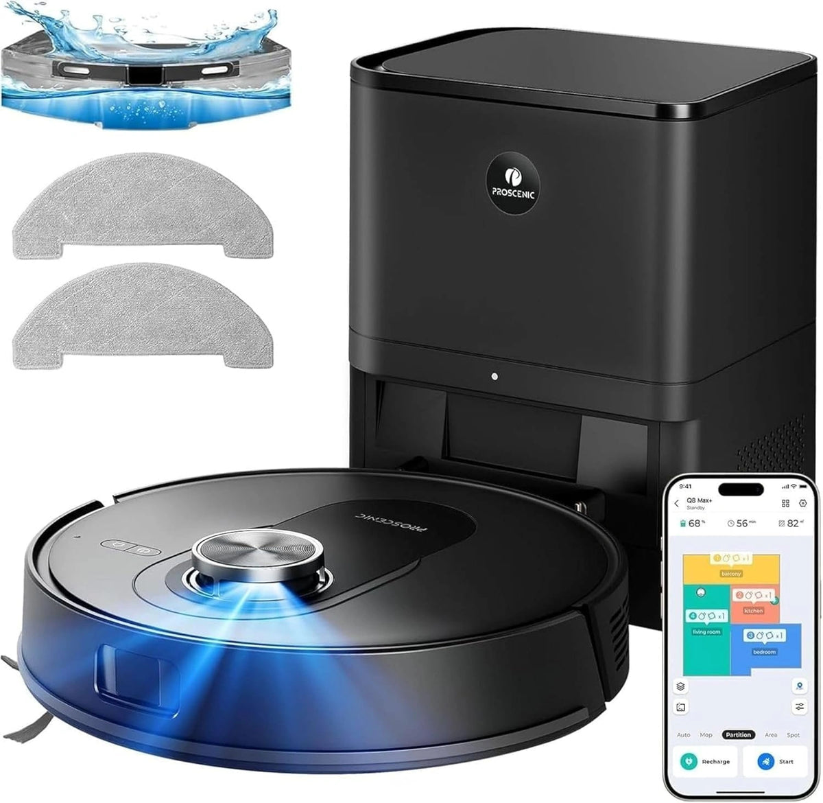 Proscenic Q8 Max+ Robotstofzuiger met dweilfunctie, 8000 Pa 200 min, stofzuigerrobot met afzuigstation