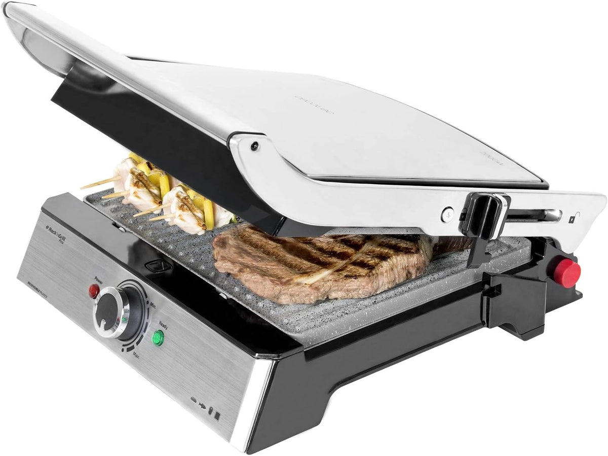 Cecotec Rock'n Grill Pro 2000 W elektrische grill, roestvrij staal, Rockstone coating, afneembare en omkeerbare platen, 180° opening