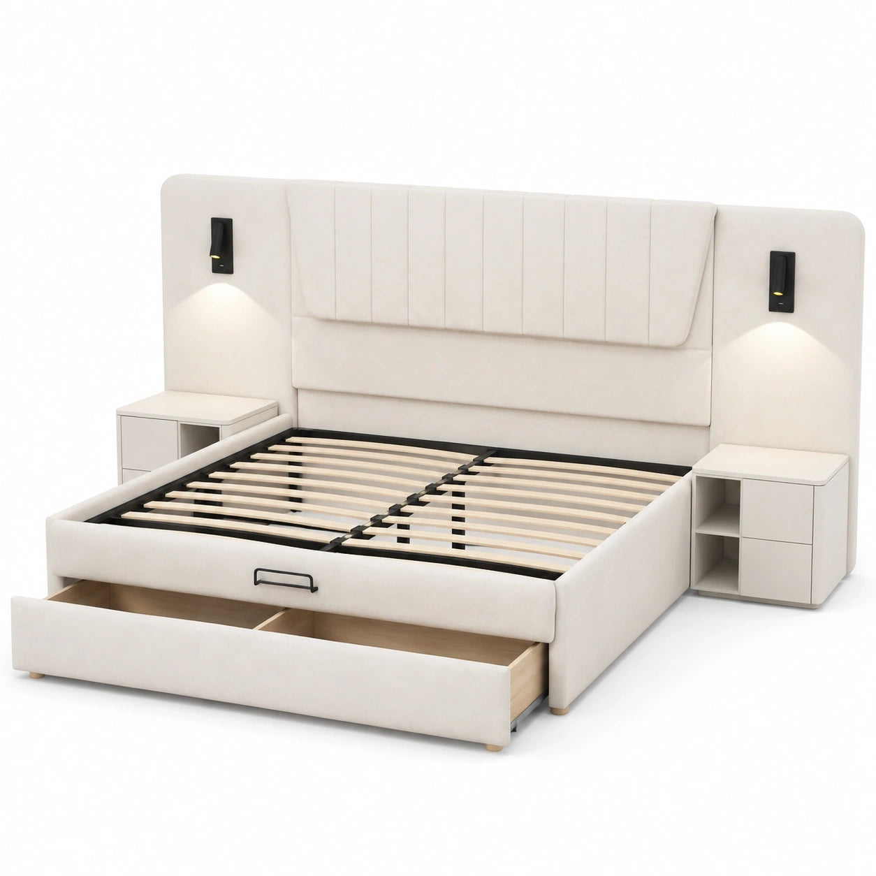 Komfortables 180x200cm Polsterbett mit USB-Ladefunktion und Leselampe, Stauraum und samtigem Beige-Bezug