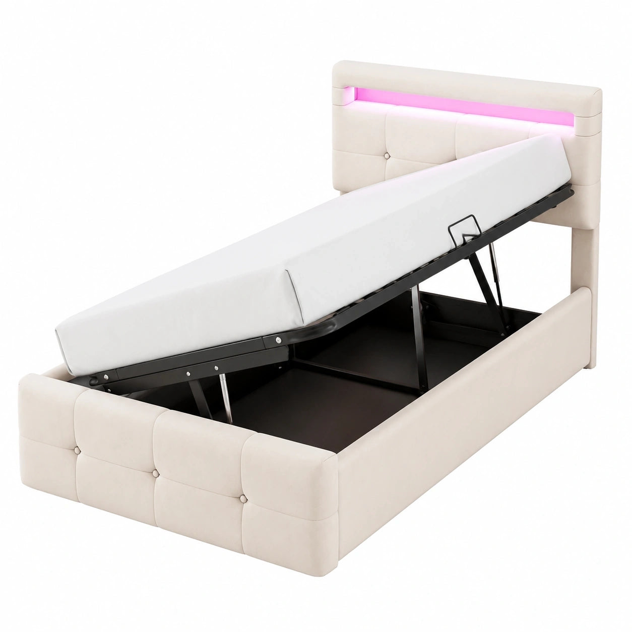 Polster-Einzelbett 90x200 cm mit LED-Kopfteil und Stauraum, Jugendbett aus Samt, Beige, inklusive Lattenrost