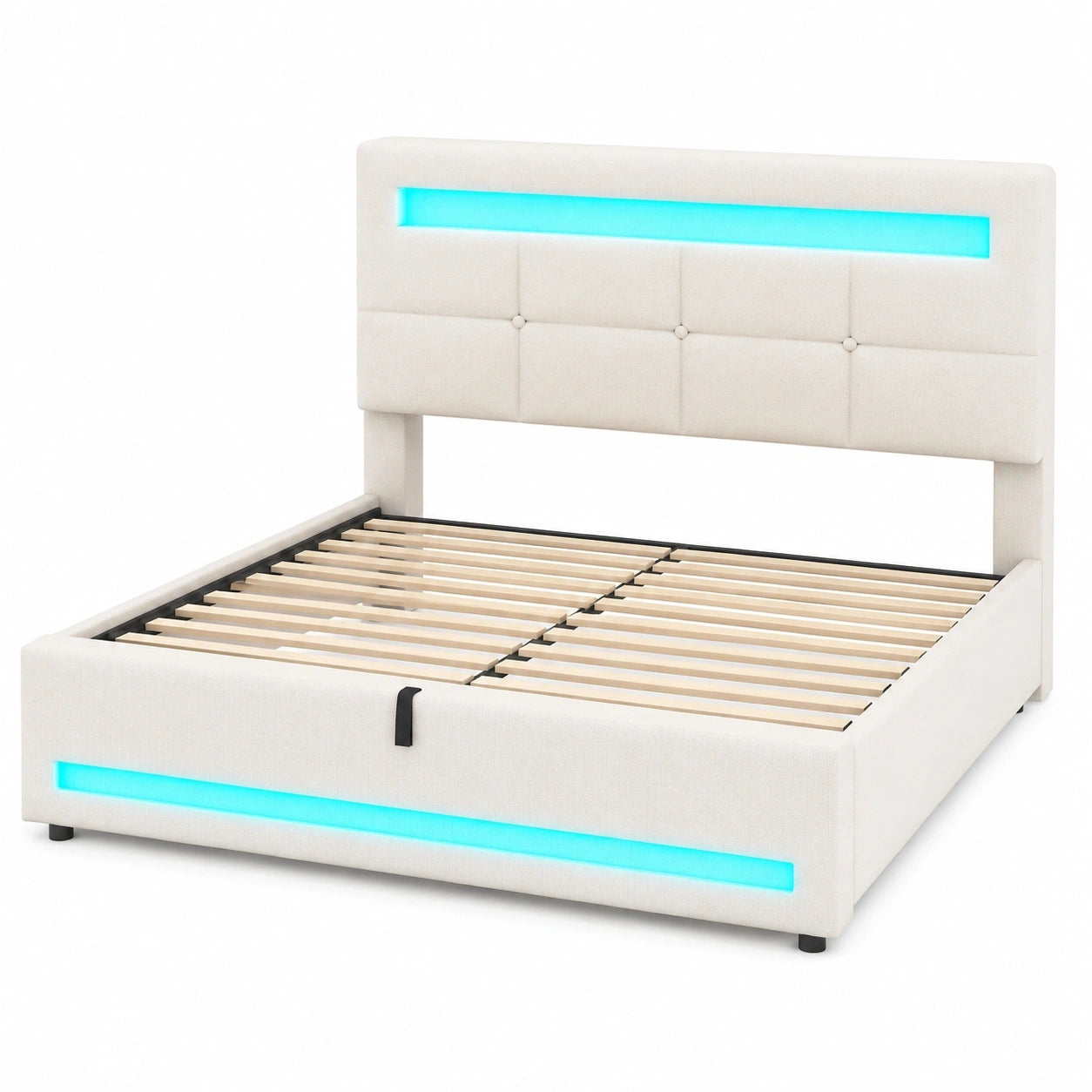 AOGLLATI Jugendbett 90x200 cm mit LED, Ladestation und Stauraum, höhenverstellbares Kopfteil, ohne Matratze, Beige
