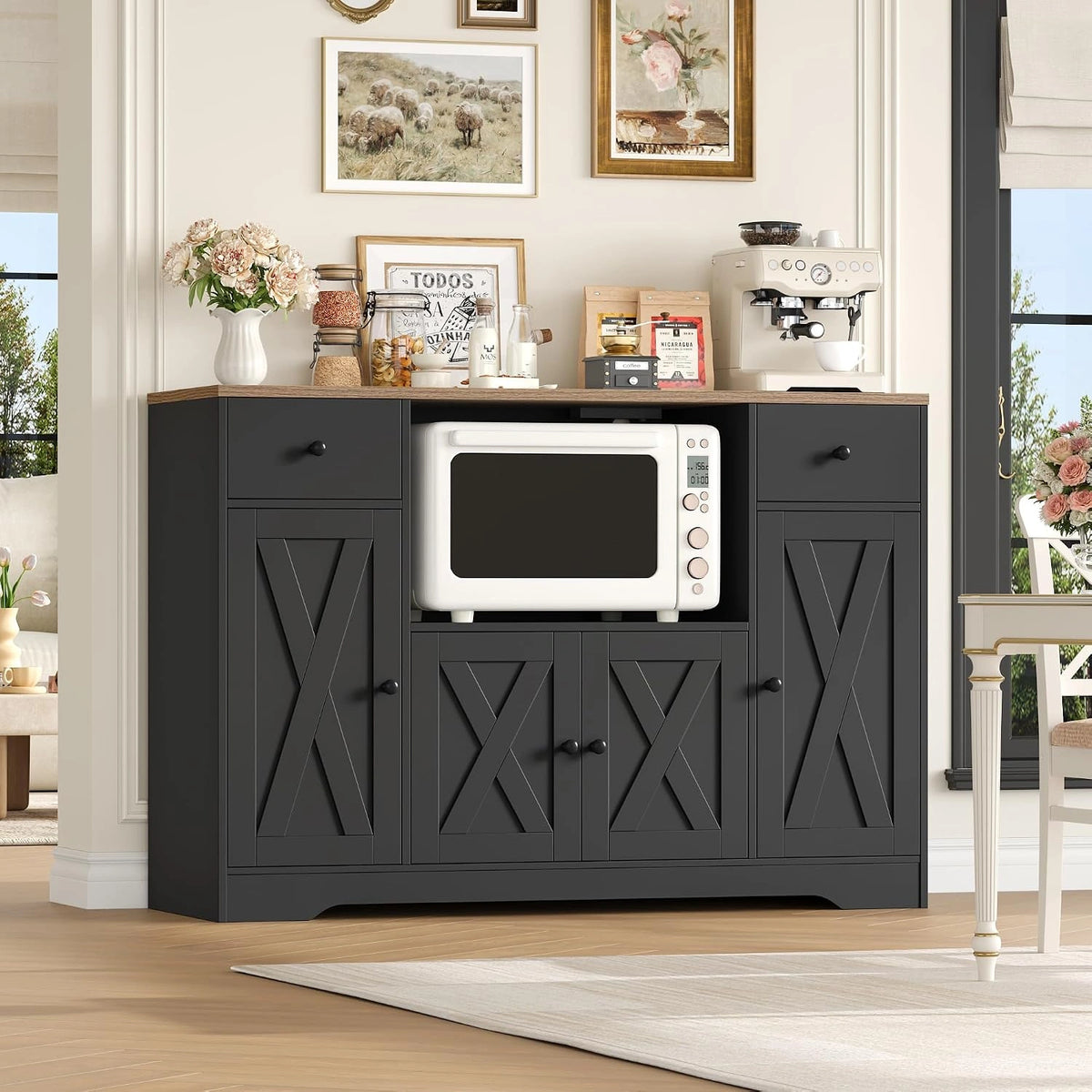 HOCSOK 120 cm dressoir keuken, keukenkast met stopcontact, magnetronrek, bruin