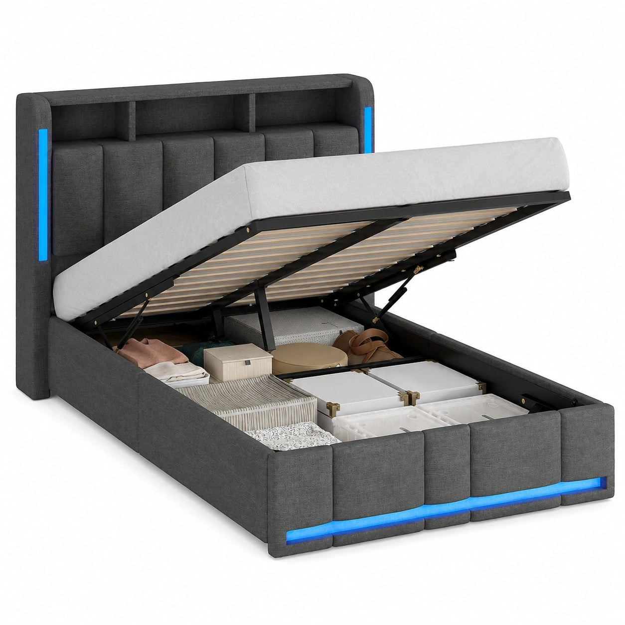 AOGLLATI Polsterbett 90x200 mit LED-Beleuchtung und Steckdosen, Doppelbett mit Stauraumkopfteil und Lattenrost, Jugendbett aus Leinen, ohne Matratze, Dunkelgrau
