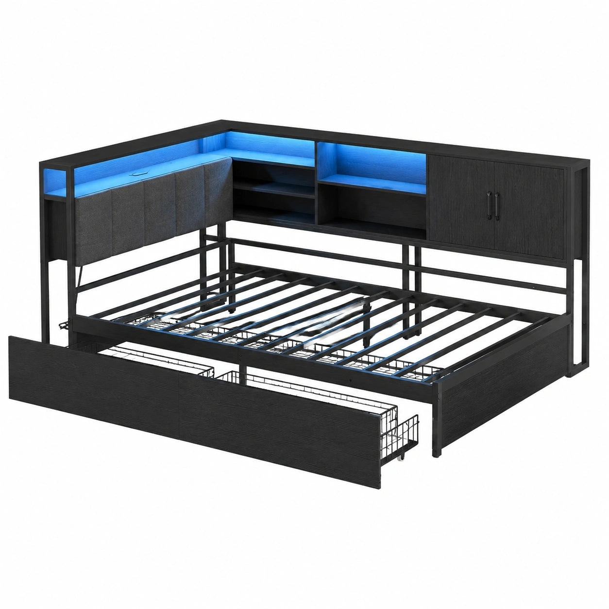 Multifunktionales Polsterbett 90x200 cm mit LED, USB-Ladestation und Stauraum, schwarz