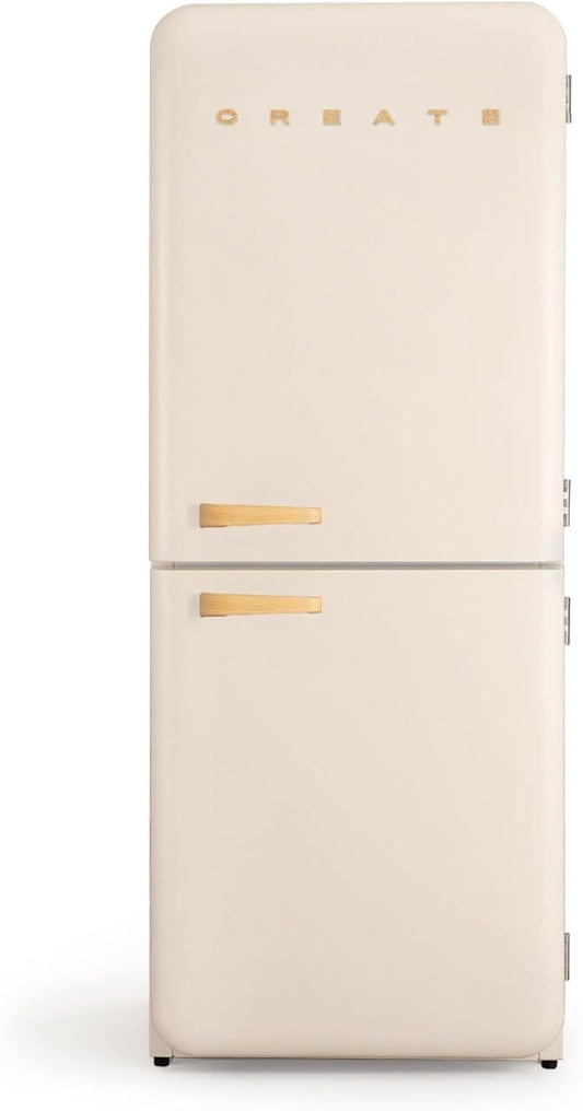 CREATE /RETRO koelkast COMBI 185 WOOD/combi-koelkast crèmekleurig met houten handvat en vriesvak, inhoud 401 liter / 190W, vorstvrij, 3 legplanken