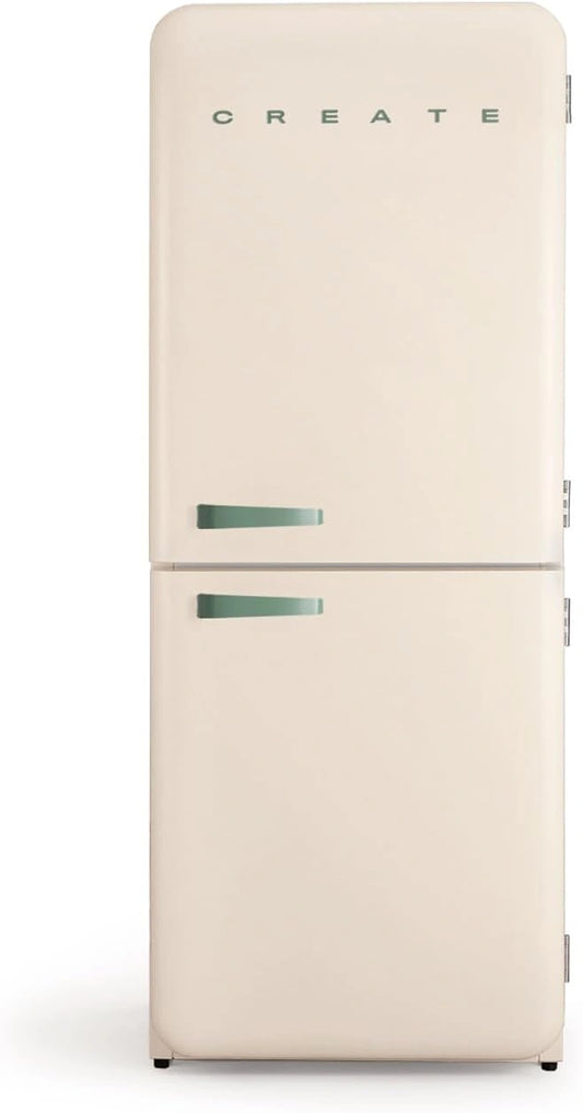 CREATE / RETRO koelkast COMBI 185 SAGE / combi-koelkast crèmekleurig met saliegroene handgreep en vriesvak, inhoud 401 liter / 190W, vorstvrij