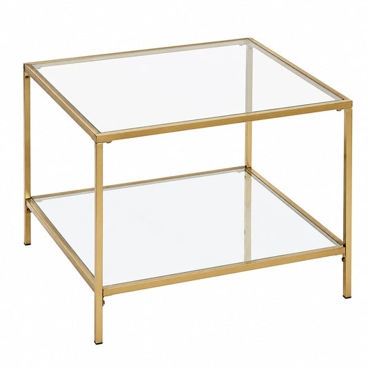 Goldener Beistelltisch aus Metall mit Sicherheits- und Spiegelglas, Art Deco Design, 60x45x60 cm