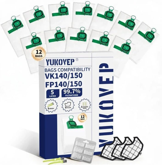 Set van 12 zakken voor Kobold VK140 en VK150, compatibele reserveonderdelen fp 140-150 (12 zakken + 3 motorfilters + 1 geur + 2 schone borstels), wit