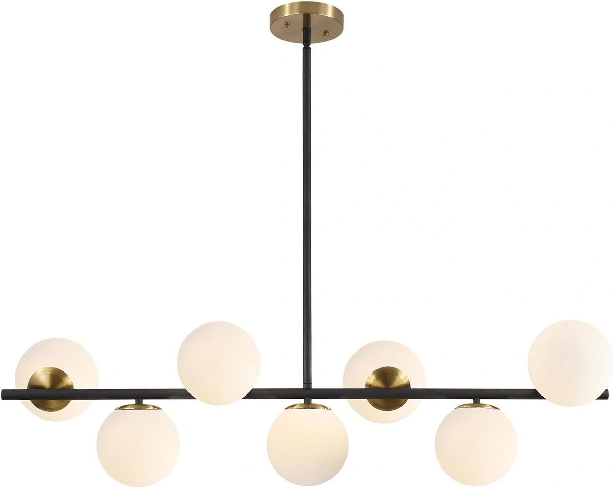 KCO Zwarte Lineaire Kroonluchter met 7 Witte glazen bol lampenkappen, wit