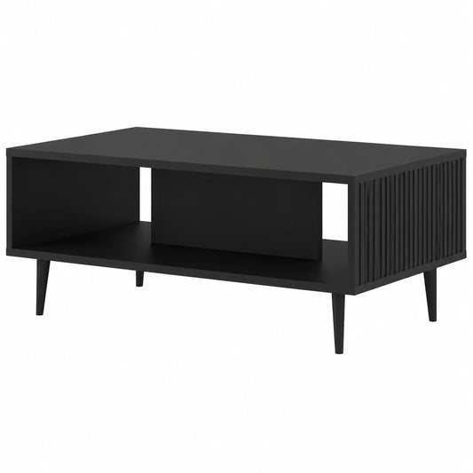 Moderner Couchtisch Ravenna mit MDF-Verzierungen und schwarzem Metallgestell, 90 x 60 cm