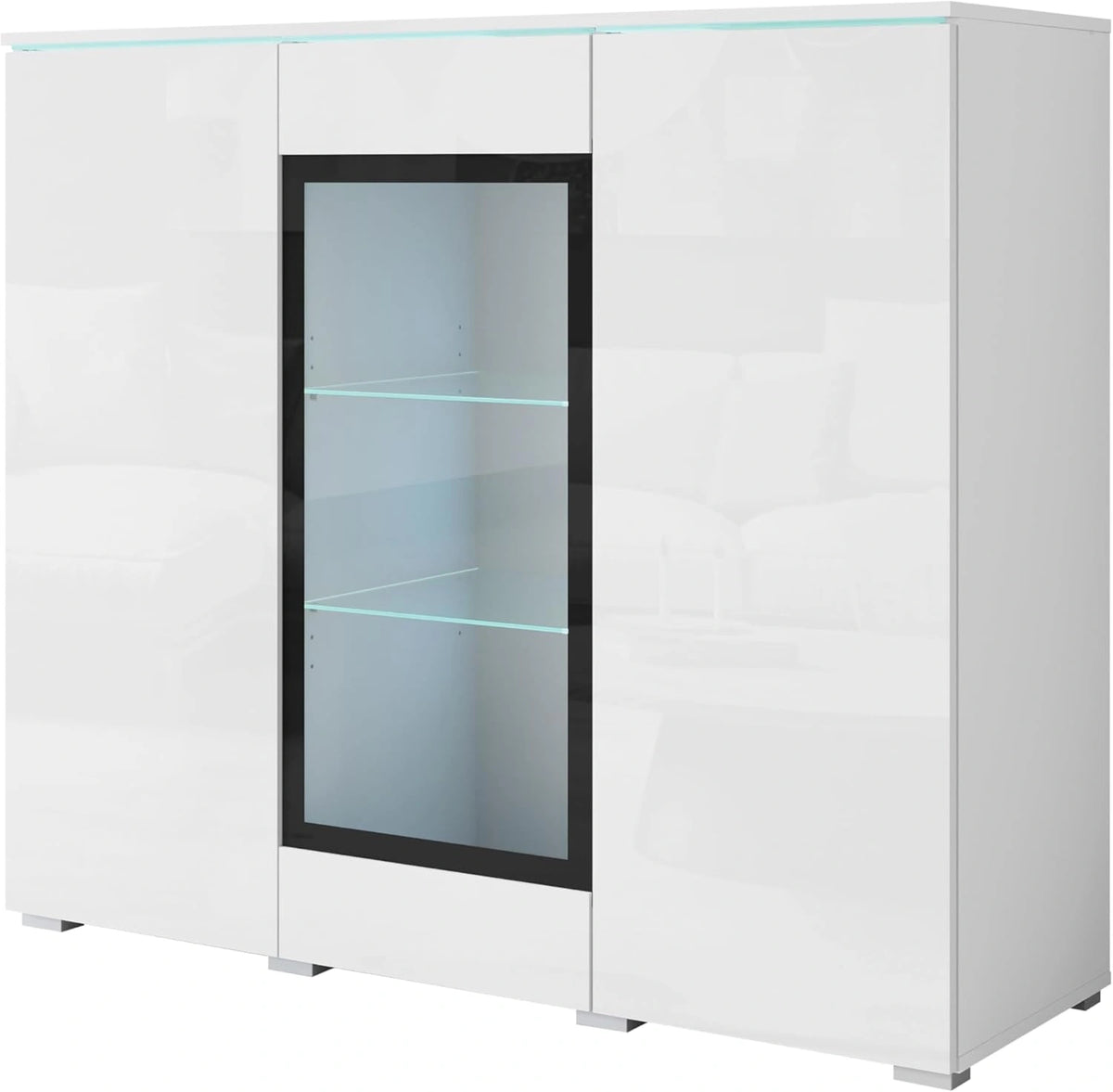 Dressoir voor woonkamer, 120 cm, met glazen vitrine, push-to-open-systeem, verstelbare planken en optionele verlichting