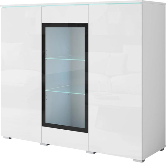 Dressoir voor woonkamer, 120 cm, met glazen vitrine, push-to-open-systeem, verstelbare planken en optionele verlichting