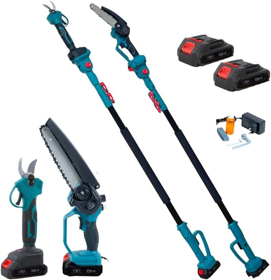 A.M.C. Takkenschaar met accu, kettingzaag 8 inch met olie + telescoopstang 128-248 cm, 3-in-1 set, elektrische snoeischaar voor het snoeien van tuin