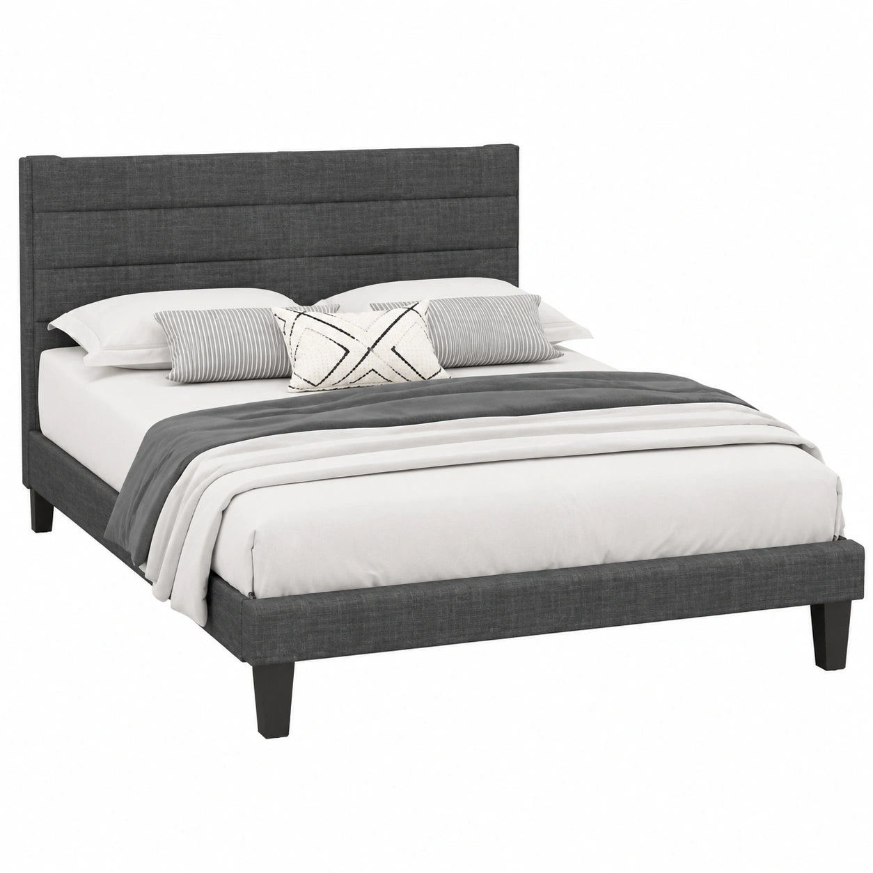 LEADZM Komfortbett 90x200cm mit Holzlattenrost und verstellbarem Kopfteil, Leinenbezug in Grau