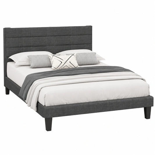 LEADZM Komfortbett 90x200cm mit Holzlattenrost und verstellbarem Kopfteil, Leinenbezug in Grau