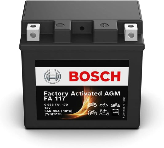 Bosch AGM FA117 Motoraccu, 12 V, 90 A, 6 Ah, geschikt voor motorfietsen, enduromotorfietsen, scooters, quads, jetski's, compatibel met M6009, BTZ7S