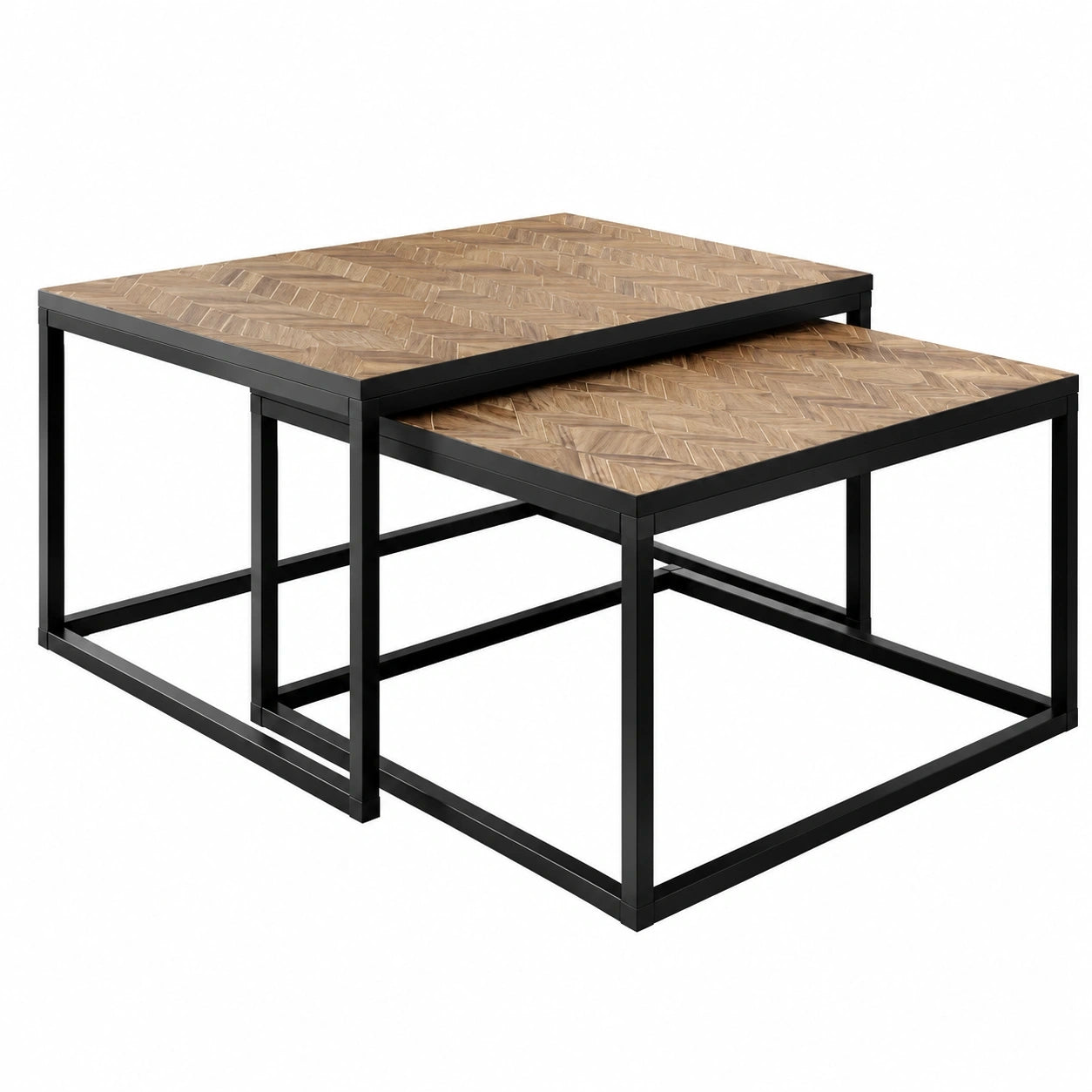 Industrieller Couchtisch-Set aus Metall und Holz, 2-teilig, Quadratisch, Schwarz