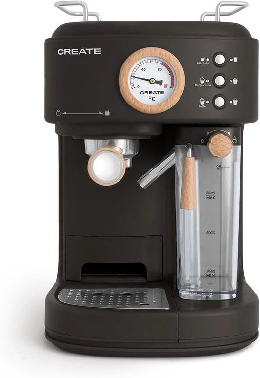 Create / Thera Retro Pro Halfautomatisch espressokoffiezetapparaat, zwart, 20 bar, melktank, druppelbak, twee uitlopen, inhoud 1,5 l