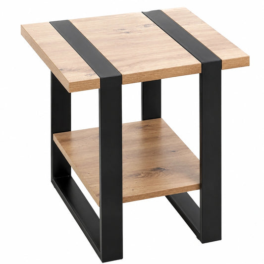 Moderner HAKU Beistelltisch aus Eiche und Metall, Industrial Loft Design, 45x45x45 cm