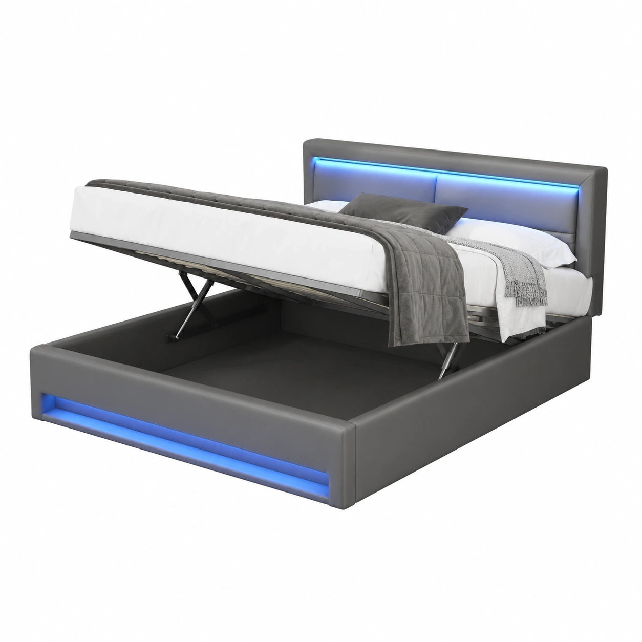 Modernes Polsterbett 140x200 cm mit USB, LED und Stauraum, PU-Leder, Grau, ohne Matratze