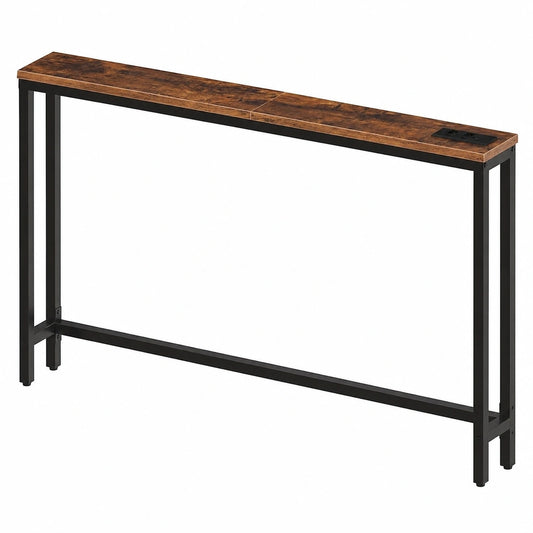 HOOBRO Langer Konsolentisch mit Ladestation, Metallrahmen, Vintagebraun-Schwarz, für Wohnzimmer und Flur