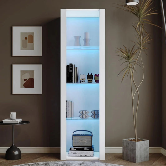 KOMHTOM Hoogglans witte vitrinekast, dressoirs met led, smalle kast, hoekkast met drie glazen wanden, multifunctionele kast voor woonkamer