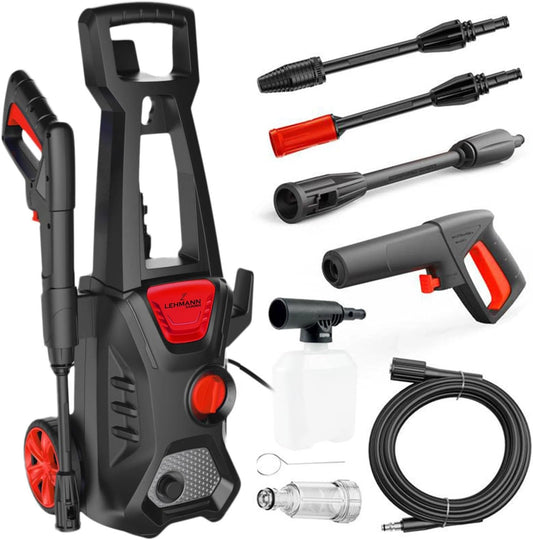 LEHMANN Jukon Hogedrukreiniger, 1600 W, max. 200 Bar Druk, Debiet 480 l/u, Zelfaanzuigend, Met 5 m Hogedrukslang, Pistool, Lansen, en Schuimlans