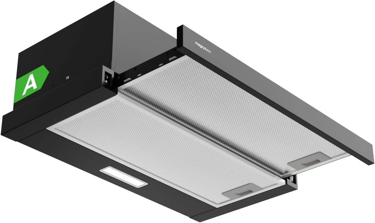 Magicplux Platte kap afzuigkap 60 cm zwart, 370 m³/h afvoer/circulatie, energie-efficiëntieklasse A, LED-verlichting, slechts 60/65 dB(A)