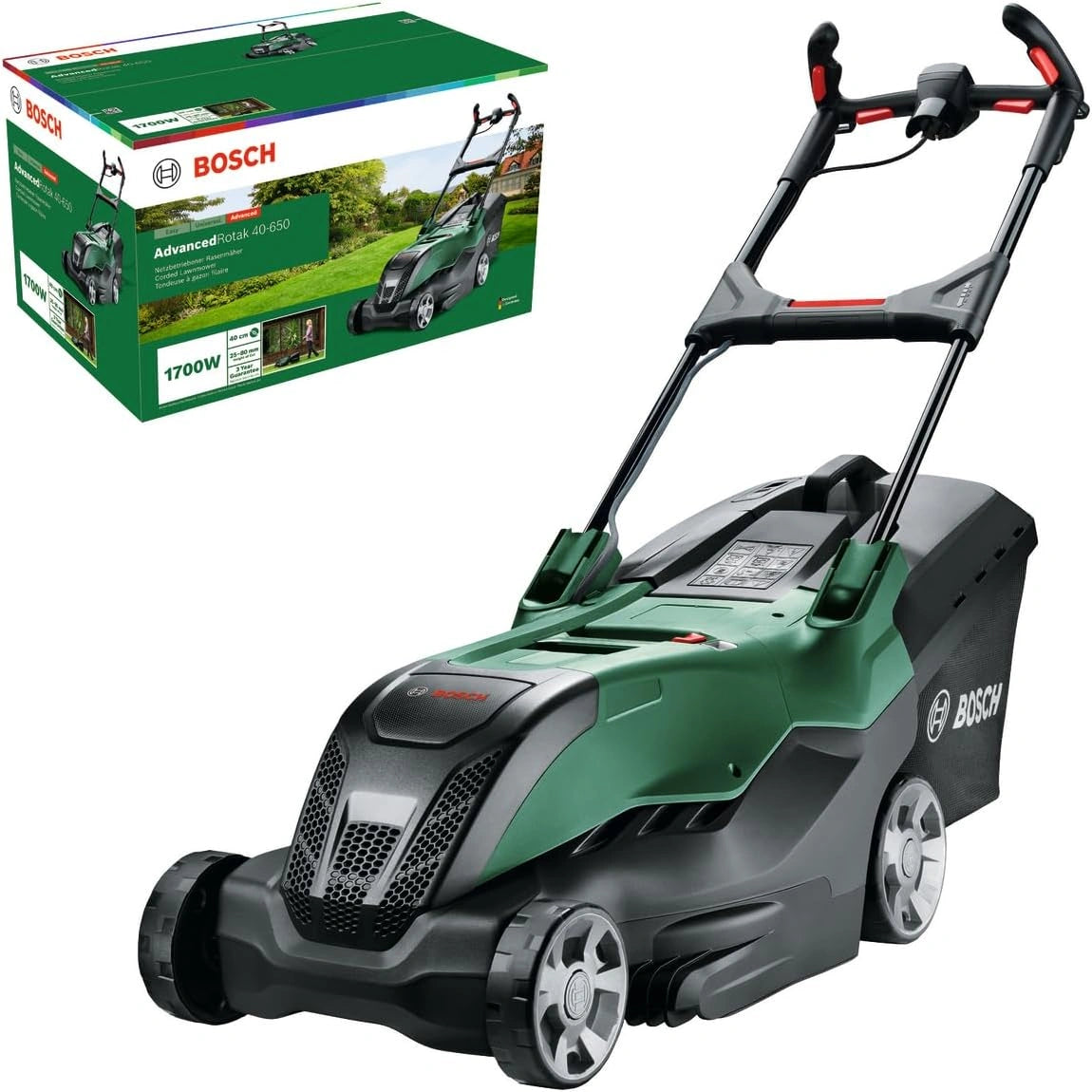 Bosch krachtige maaier met snoer AdvancedRotak 40-650 (voor het maaien van je gazon; motor van 1700 W; maaibreedte: 40 cm), zwart