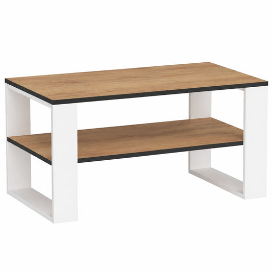 Moderner Couchtisch Holz Alex mit Regal, 92x45x53cm, für Wohn- und Schlafzimmer, Eiche Craft & Weiß