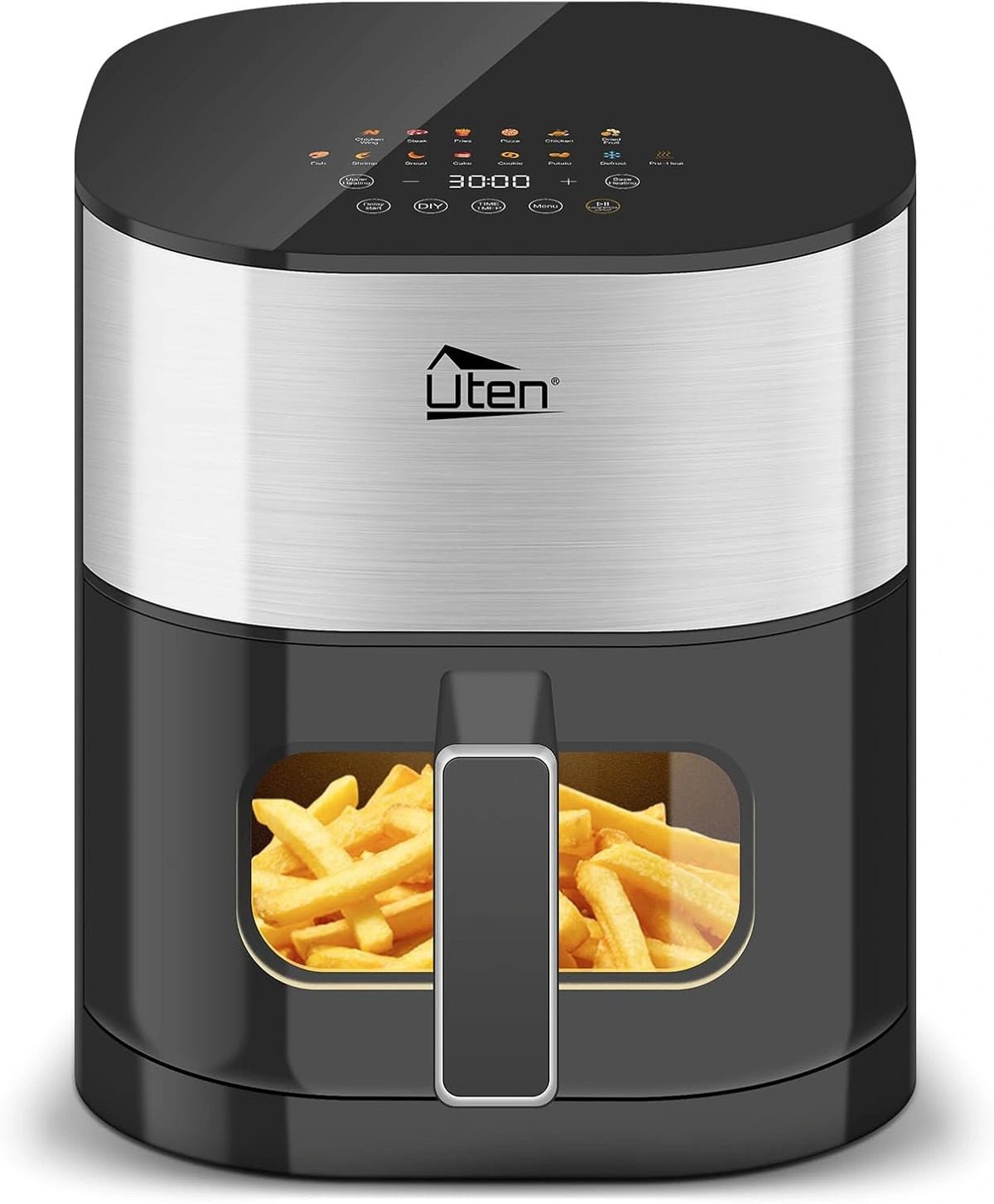 Uten Heteluchtfriteuse, Dual Blaze Airfryer, 2000 W, olievrije friteuse met kijkvenster 5,5 l, 14 kookfuncties, recepten, vertraagde start