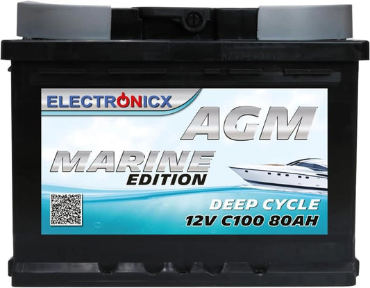 Electronicx AGM Accu 80Ah 12V, Onderhoudsvrije Zonne-energie Accu voor Camper, Boot, Caravan, Off-Grid Toepassingen en Zware Cyclische Belastingen