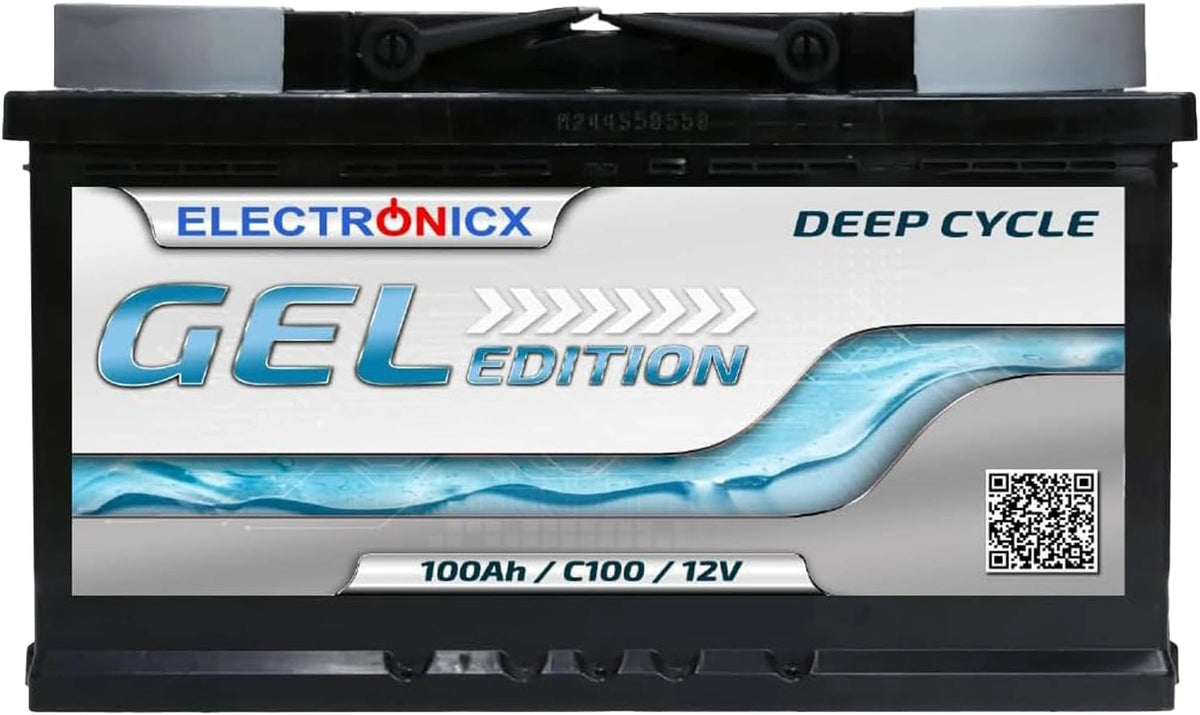 Electronicx GEL verbruiksbatterij 12V 100Ah, krachtige GEL-accu 100 AH (278×175×190 mm) met pluspool rechts. Onderhoudsvrij, lekvrij
