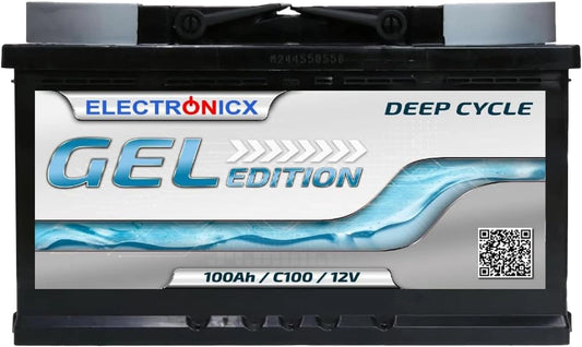 Electronicx GEL verbruiksbatterij 12V 100Ah, krachtige GEL-accu 100 AH (278×175×190 mm) met pluspool rechts. Onderhoudsvrij, lekvrij