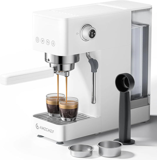 AMZCHEF Espressomachine, 20 bar, met professionele melkopschuimer, klein koffiezetapparaat voor cappuccino, latte en macchiato, 1,5 l watertank, wit