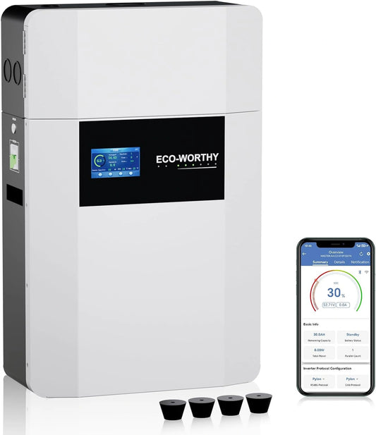 ECO-WORTHY 48 V 100 Ah LiFePO4 accu voor wandmontage met aansluitdoos, 5 kWh stroomopslag met bluetooth en wifi