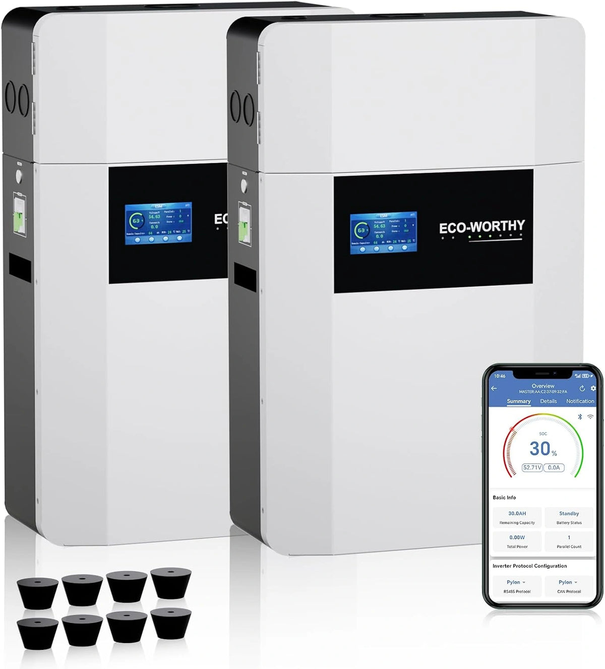ECO-WORTHY LiFePO4 batterij van 48 V, 100 Ah, voor wandmontage binnenshuis, met aansluitdoos, bluetooth en WLAN