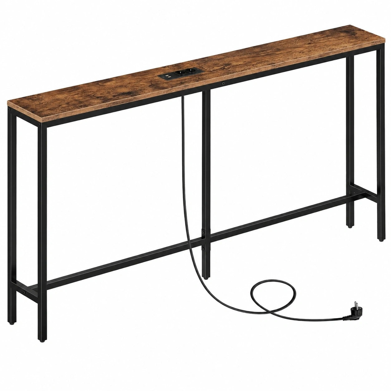 Vintage Konsolentisch mit USB-Ladestation, 160 cm, Vintagebraun-Schwarz, für Flur und Wohnzimmer