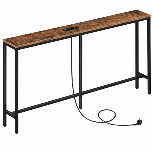 Vintage Konsolentisch mit USB-Ladestation, 160 cm, Vintagebraun-Schwarz, für Flur und Wohnzimmer