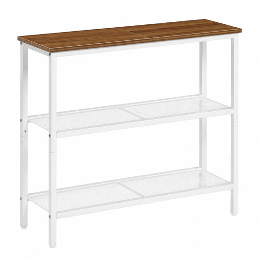 Schmaler Konsolentisch mit 2 Regalen für Flur und Wohnzimmer, Weiß/Walnuss