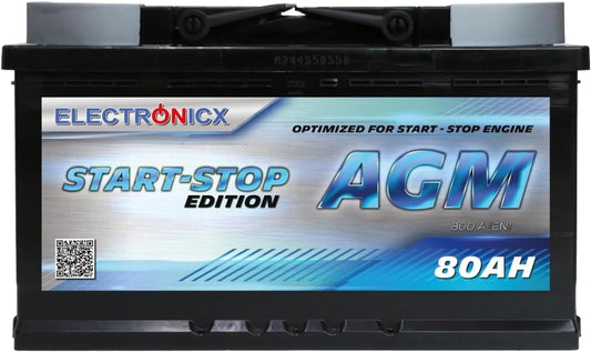 Electronicx AGM Autobatterij 80Ah 12V, krachtige startaccu, 820A EN, 80 Ah auto accu, onderhoudsvrij, verzegeld, trilbestendig