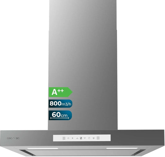 Cecotec Bolero Flux TT 608000 Slim Glass wit A++ 210 W, afzuigkap 90 cm roestvrij staal, luchtstroom 800 m3/h, A++, Touch, LED, Bluelit, Carbon Ø176
