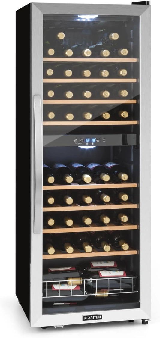 Klarstein Wijnkoeler Vinamour 54 Duo Wijnkoelkast, 2 Zones, 148 Liter, 54 Flessen, Touch scherm, Zwart, 47 cm, voor Restaurant voor Bar, Hout